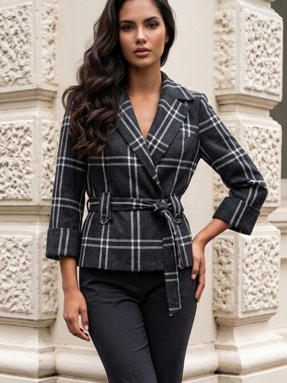 Bandolino Gray Plaid Belted Blazer